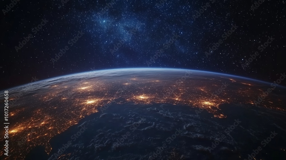 Fototapeta premium Photorealistic Earth from space with city lights glowing at night, with the Milky Way galaxy in the starry sky.