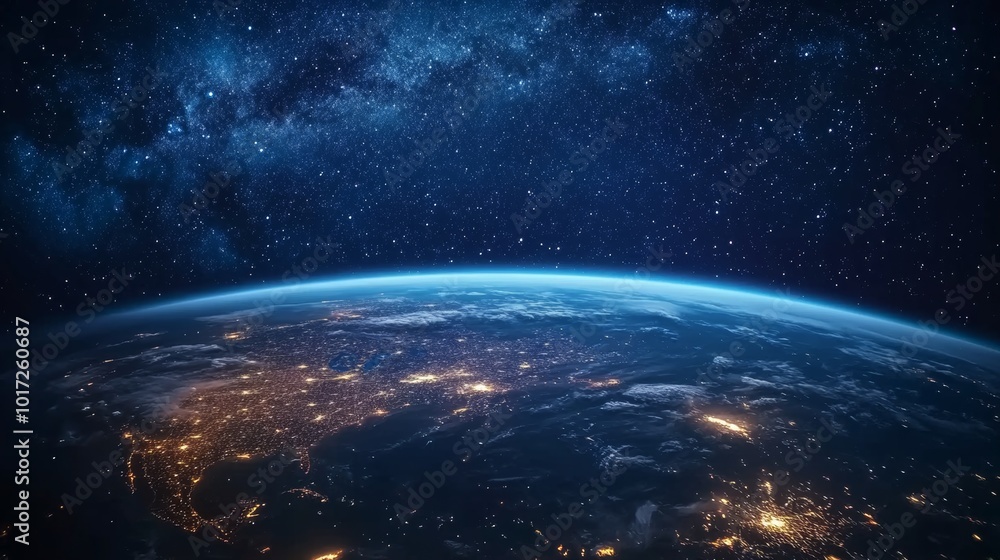 Obraz premium Photorealistic Earth from space with city lights glowing at night, with the Milky Way galaxy in the starry sky.