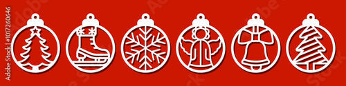 Set of round Christmas ball designs, pendant or keychain. Jewelry laser cut template. Cnc cutting with metal, wood or leather. New Years decorative vector circle elements
