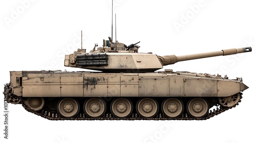 A military tank displayed in a side view, showcasing its design and armament.