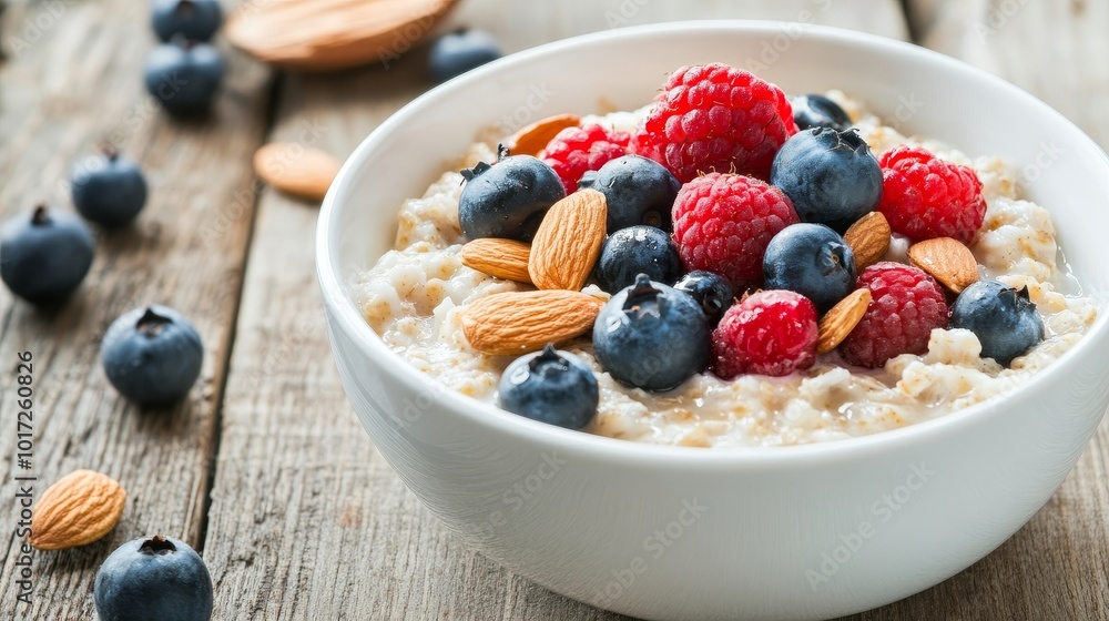 Healthy brain-boosting oatmeal bowl with almonds, berries, honey, comforting breakfast option. Healthy brain-boosting oatmeal bowl with almonds, berries, honey, comforting breakfast option.