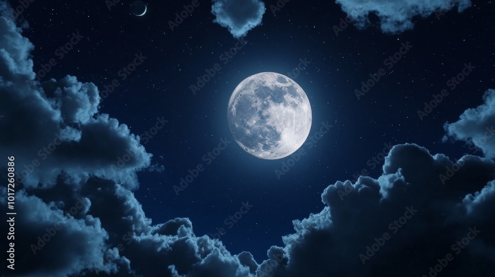Bright moon shining through partly cloudy night sky on clear, tranquil evening Bright moon shining through partly cloudy night sky on clear, tranquil evening