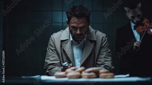 A mysterious man in a trench coat studies a tray of donuts under a dim light, with a violinist, wearing an animal mask, standing in the shadowed room behind him. photo