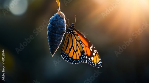 Butterfly emerging from chrysalis symbolizes transformation, new beginnings.