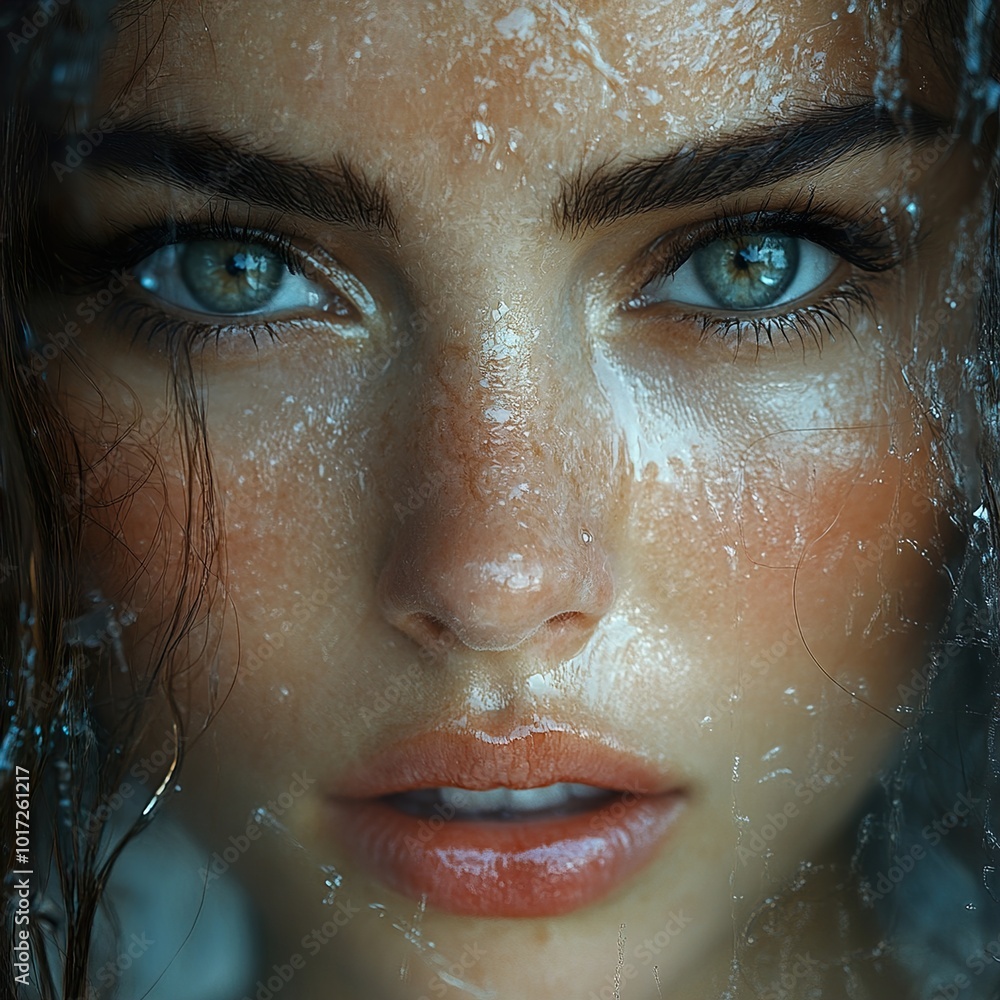 Close Up Portrait of a Woman with Wet Skin and Intense Eyes Close Up Portrait of a Woman with Wet Skin and Intense Eyes