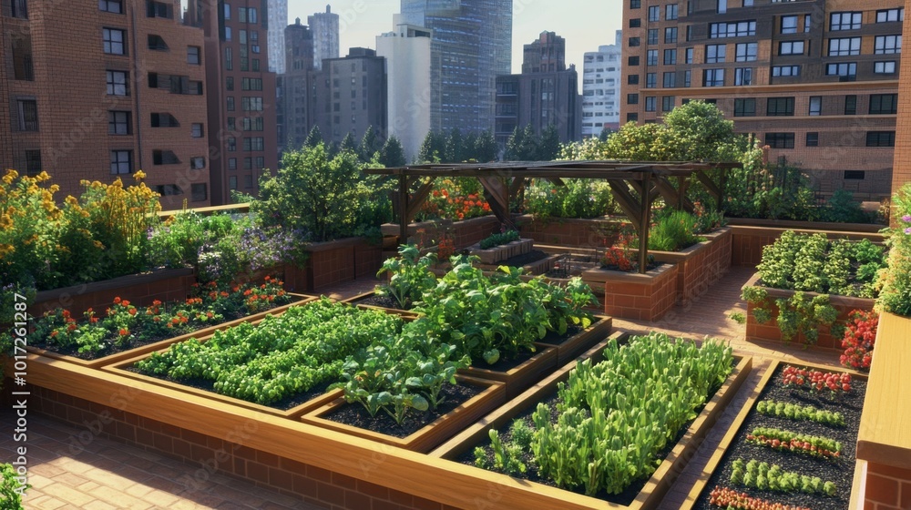 A rooftop garden filled with vegetables and herbs, promoting urban sustainability and green spaces. A rooftop garden filled with vegetables and herbs, promoting urban sustainability and green spaces.