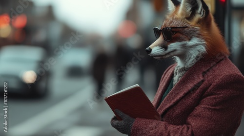 An artistic depiction of an elegant anthropomorphic fox in sophisticated attire, standing on a lively street, lost in the pages of a book, embodying intellectual grace. photo