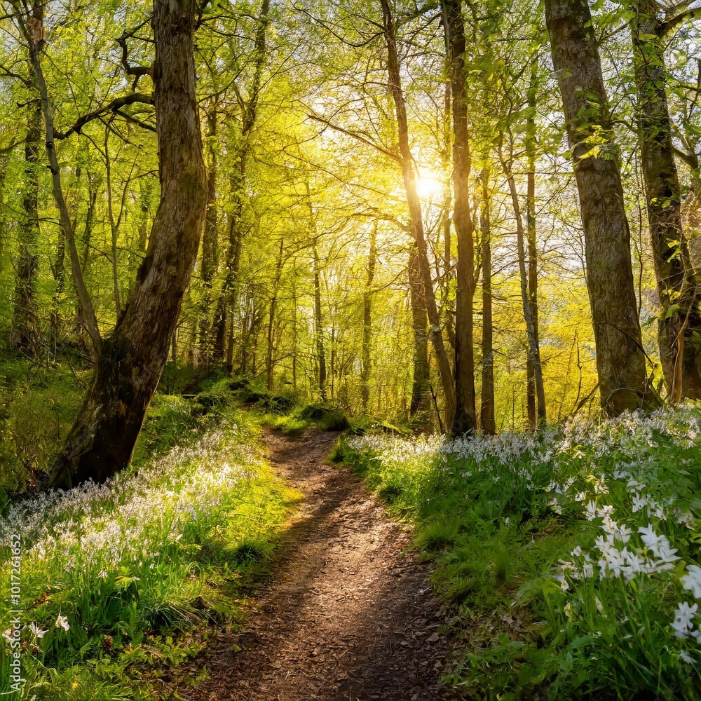 Golden Sunlight Breaking Through the Canopy of a Dense Forest, Illuminating the Path Below as Spring Flowers Bloom Alongside the Trees in a Vibrant Nature Landscape Golden Sunlight Breaking Through the Canopy of a Dense Forest, Illuminating the Path Below as Spring Flowers Bloom Alongside the Trees in a Vibrant Nature Landscape