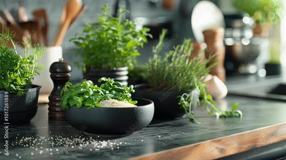 Thriving aromatic herbs in pots add freshness to a modern kitchen with dark colors, creating a healthy, organic atmosphere