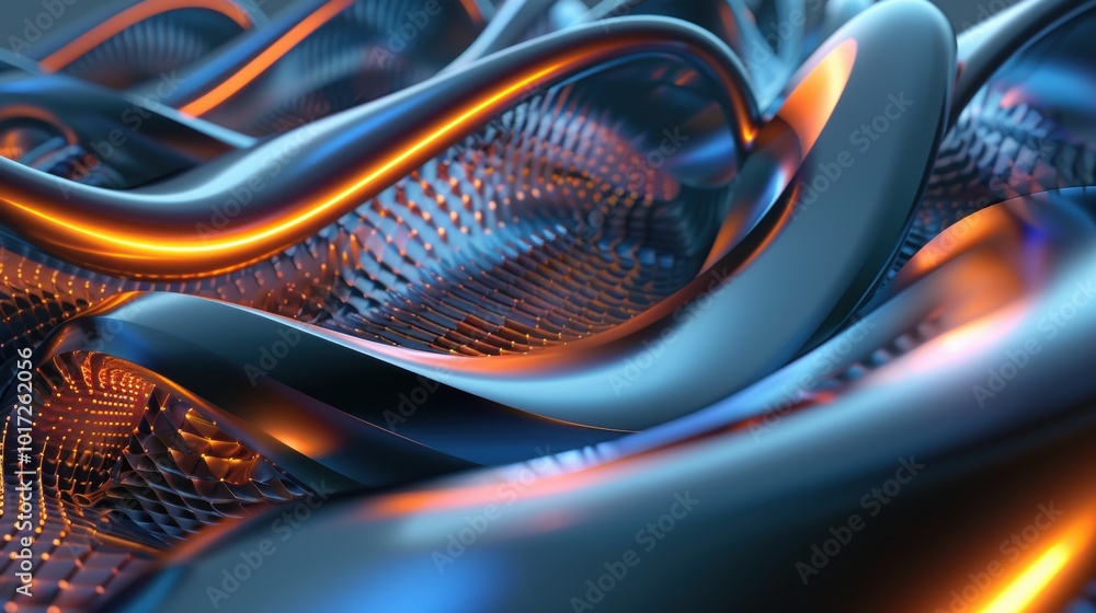 Abstract 3D Render of Intertwined Metallic Curves with Glowing Orange Highlights Abstract 3D Render of Intertwined Metallic Curves with Glowing Orange Highlights