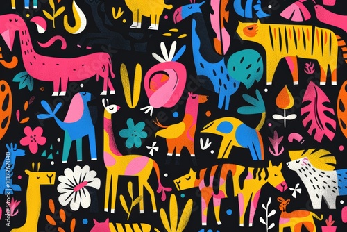 A colorful drawing of cats and other animals in a jungle setting,generative ai image