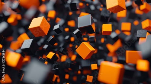Floating black and orange cubes in a futuristic space