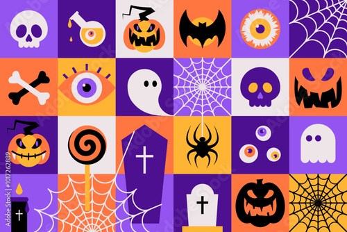 Geometric Happy Halloween Banner. Trick or Treat. Cute scary Party, Horror Holiday design concept. Vector Illustration in minimalist flat style. Sticker icons set or seamless pattern