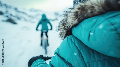 A duo riding bicycles down a snowy trail, captured from behind, donning fur-trimmed turquoise coats in a serene mountain landscape, embodying adventure and camaraderie. photo