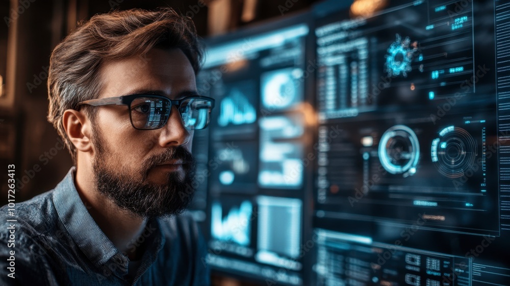 A tech expert using AI-powered software to analyze data on a futuristic interface. A tech expert using AI-powered software to analyze data on a futuristic interface.