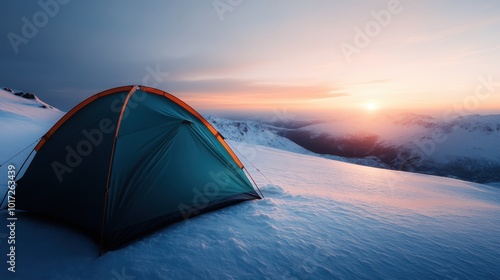 A solitary tent shelters the adventurer amid snow-clad mountains as the rising sun casts a golden glow, capturing exploration, solitude, and natural wonder. photo