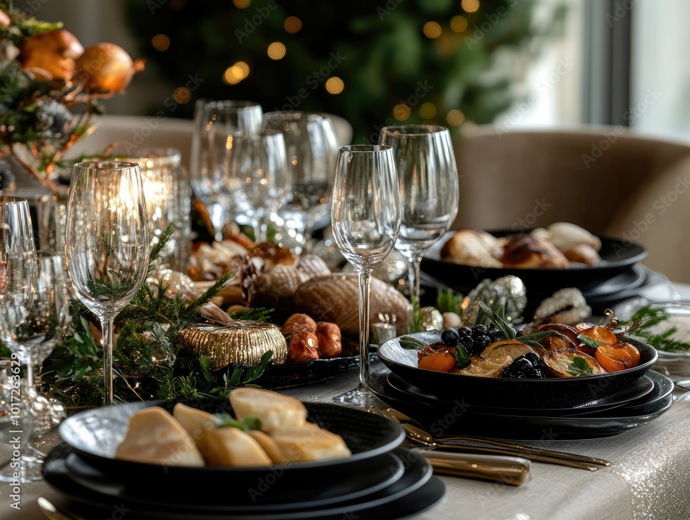 Elegant table arrangement featuring various dishes for a festive celebration in a dining area Elegant table arrangement featuring various dishes for a festive celebration in a dining area