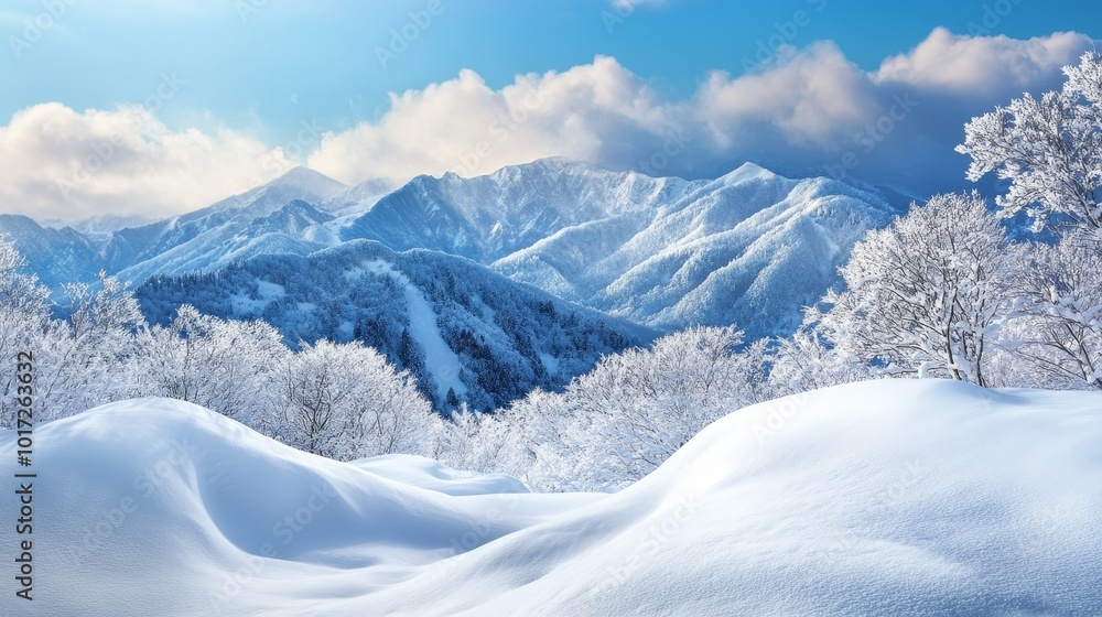 Obraz premium Snow-covered mountain landscape in winter, serene and cold.