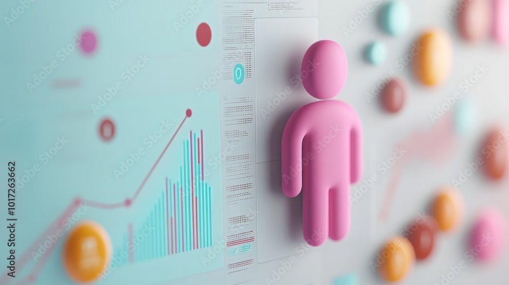 Analysis of HR data with employee icons and statistical graphs in 3D visual.