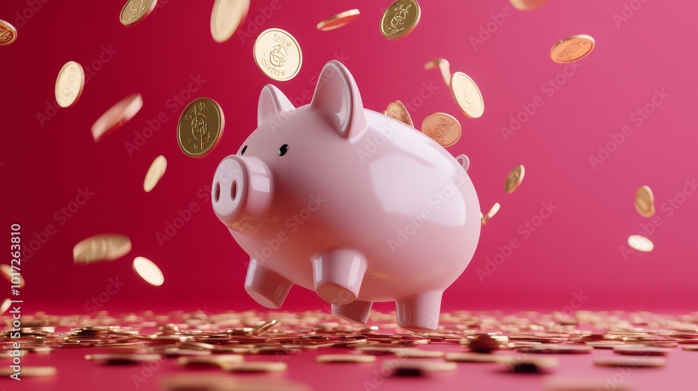 Falling coins in piggy bank symbolize inflation impact on savings, 3D render Falling coins in piggy bank symbolize inflation impact on savings, 3D render