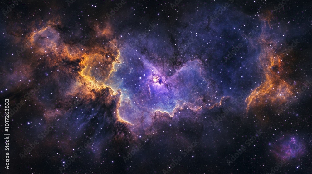 Fototapeta premium A vast nebula in deep space, with glowing purple and blue gases illuminated by starlight.