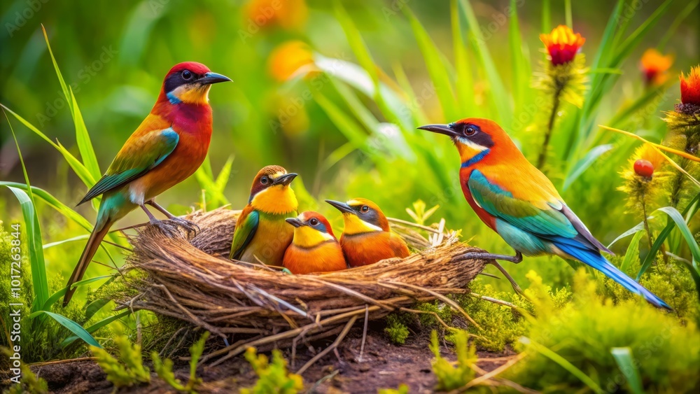 Obraz premium Nesting Birds on the Ground in Natural Habitat with Soft Grass and Surrounding Vegetation Nearby