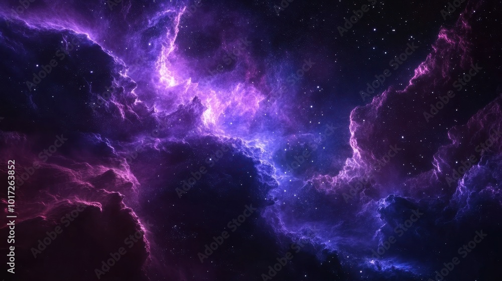 Fototapeta premium A vast nebula in deep space, with glowing purple and blue gases illuminated by starlight.