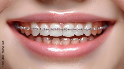 Teeth straightening timeline under braces treatment, showcasing each month's progress, beginning with a before shot and ending with perfect alignment