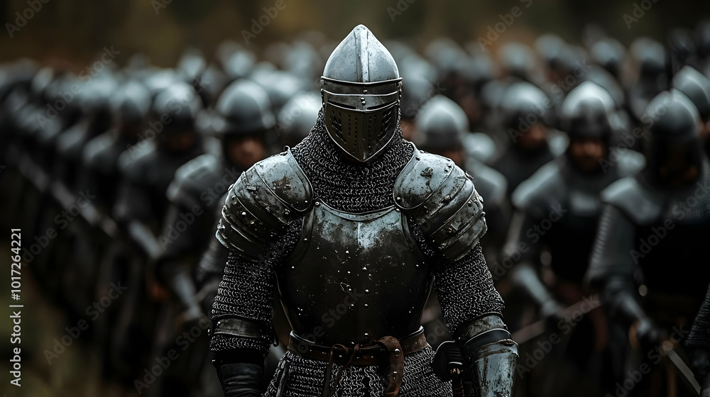 A group of armored knights preparing for battle in a forest. A group of armored knights preparing for battle in a forest.
