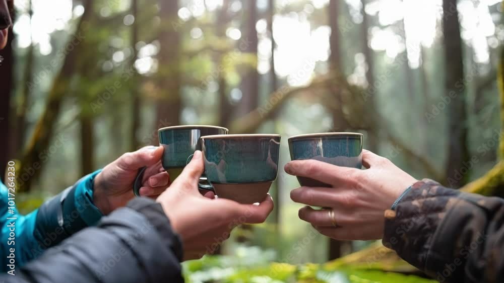 Hikers are warming up with hot drinks in handmade ceramic mugs in the forest. They are enjoying their outdoor adventure Hikers are warming up with hot drinks in handmade ceramic mugs in the forest. They are enjoying their outdoor adventure