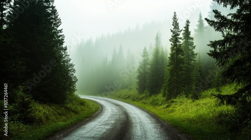 Serene morning fog on forest road with barely visible pine trees, creating a mystical atmosphere