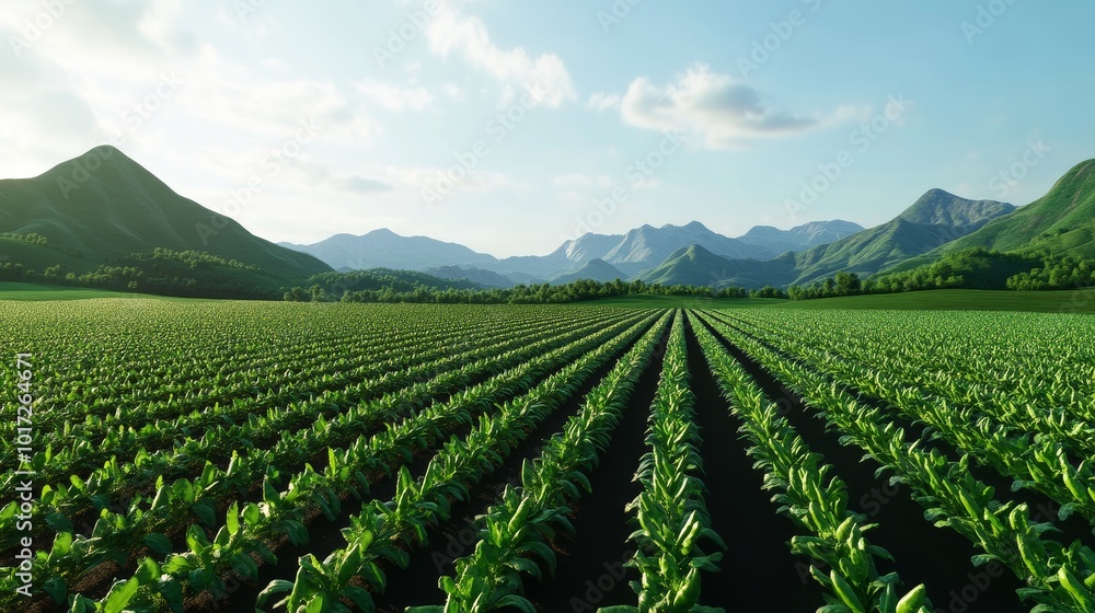 Lush green organic farm fields with crops on 3D render Lush green organic farm fields with crops on 3D render