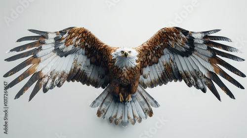 Large eagle with brown and white feathers is flying in the air