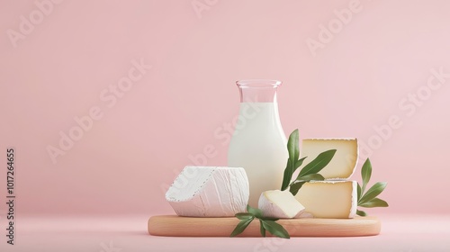 Fresh organic milk and cheese on wooden board, 3D rendering.