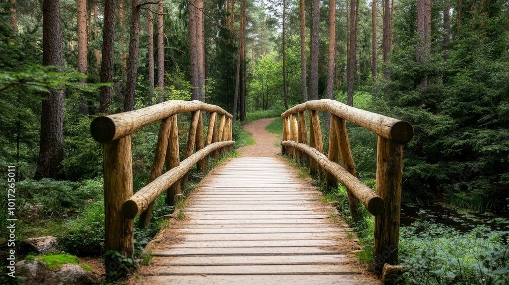 Enchanting path through pine forest to wooden bridge, serene forest scene Enchanting path through pine forest to wooden bridge, serene forest scene