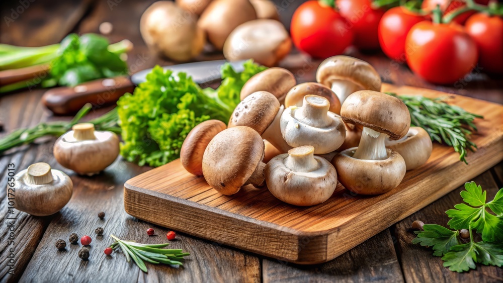 On a rustic wooden cutting board, fresh baby button mushrooms are primed for culinary adventures, beautifully displayed On a rustic wooden cutting board, fresh baby button mushrooms are primed for culinary adventures, beautifully displayed