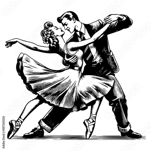 Dancing couple in vintage style illustration. Generative ai.