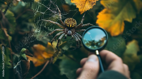 Anatomy of spider legs and body segments arachnologist with magnifying glass nature scene with spider webs photo