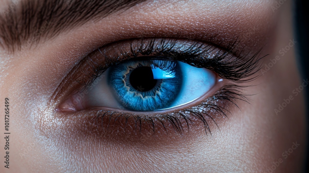 Obraz premium Close-up photo of blue eyes with dark makeup.
