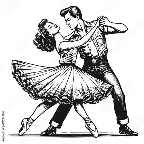 Dancing couple in vintage style illustration. Generative ai.