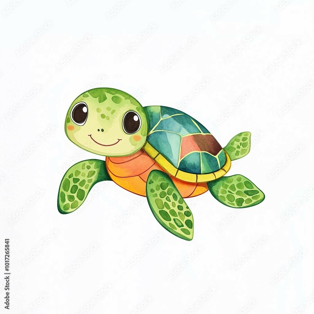 Fototapeta premium A cartoon turtle is smiling and looking at the camera