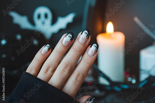 Close up of a Hand with French Manicure Against a Dark Moody Backdrop with Candle Light photo