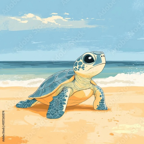 A baby turtle is standing on the beach, looking out at the ocean photo