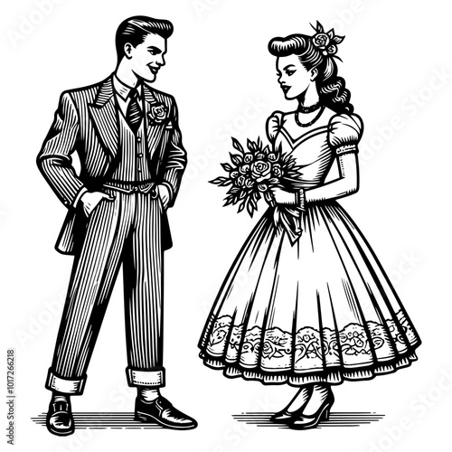 Vintage couple in wedding attire, black and white illustration. Generative ai.