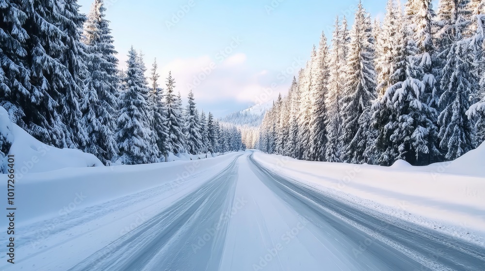 Fototapeta premium Pristine winter scene: Snowy road winding through pine forest