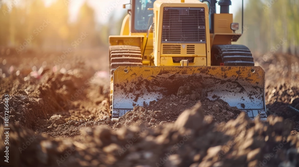 Yellow Bulldozer Digging Dirt on Construction Site Yellow Bulldozer Digging Dirt on Construction Site
