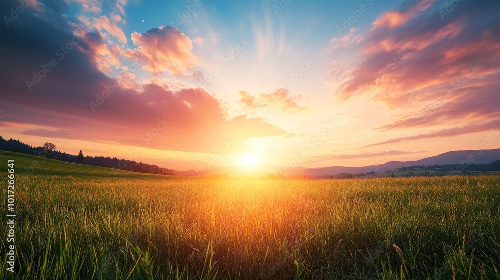 Tranquil sunrise over meadow symbolizes new beginnings.