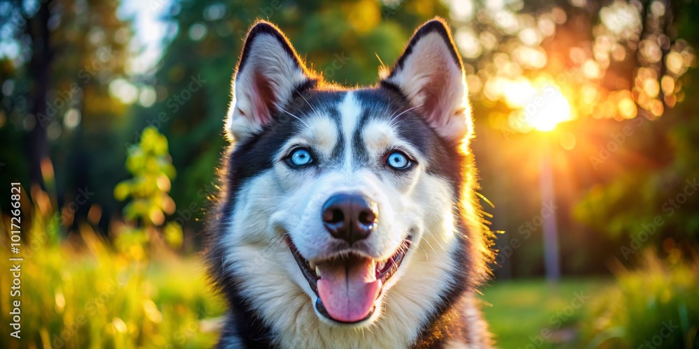 Playful and Happy Husky Dog with Blue Eyes Smiling in a Sunny Outdoor Environment Playful and Happy Husky Dog with Blue Eyes Smiling in a Sunny Outdoor Environment