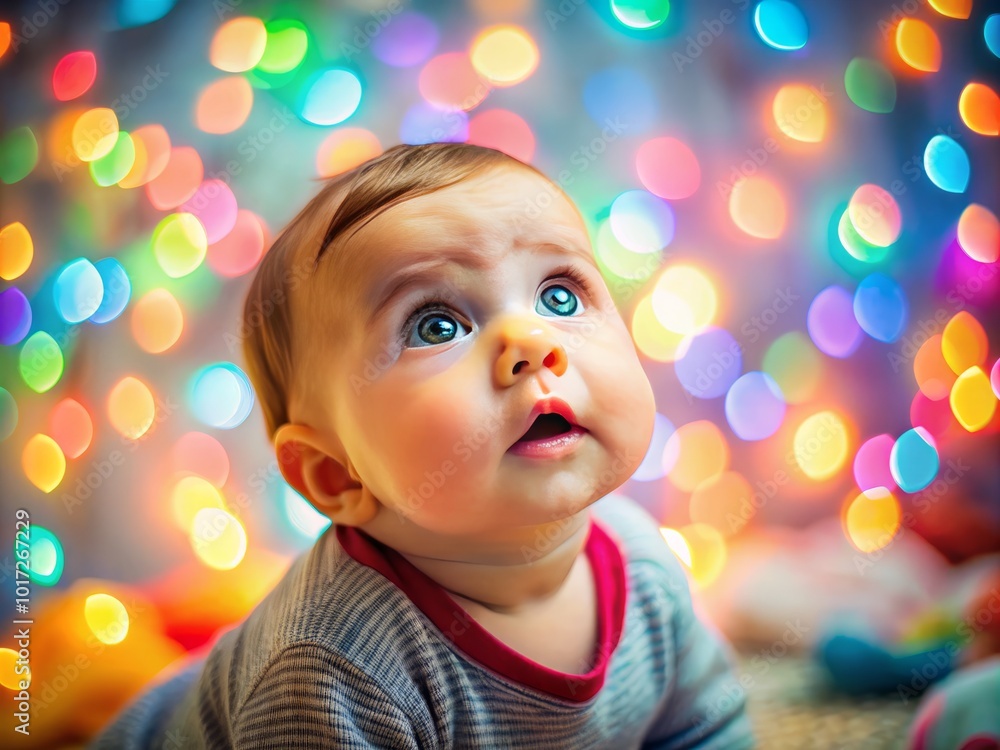 Precious infant curiously peering up with sparkling eyes in a cozy, colorful nursery, adorned with cheerful decor, Precious infant curiously peering up with sparkling eyes in a cozy, colorful nursery, adorned with cheerful decor,