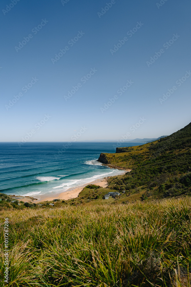 Lilyvale. Coastal View from Palm Jungle Loop Track, Royal National Park. Rugged Cliffs and Blue Ocean Waves Meeting the Rocky Shore. Burnings Palms Area, New South Wales, Australia Lilyvale. Coastal View from Palm Jungle Loop Track, Royal National Park. Rugged Cliffs and Blue Ocean Waves Meeting the Rocky Shore. Burnings Palms Area, New South Wales, Australia